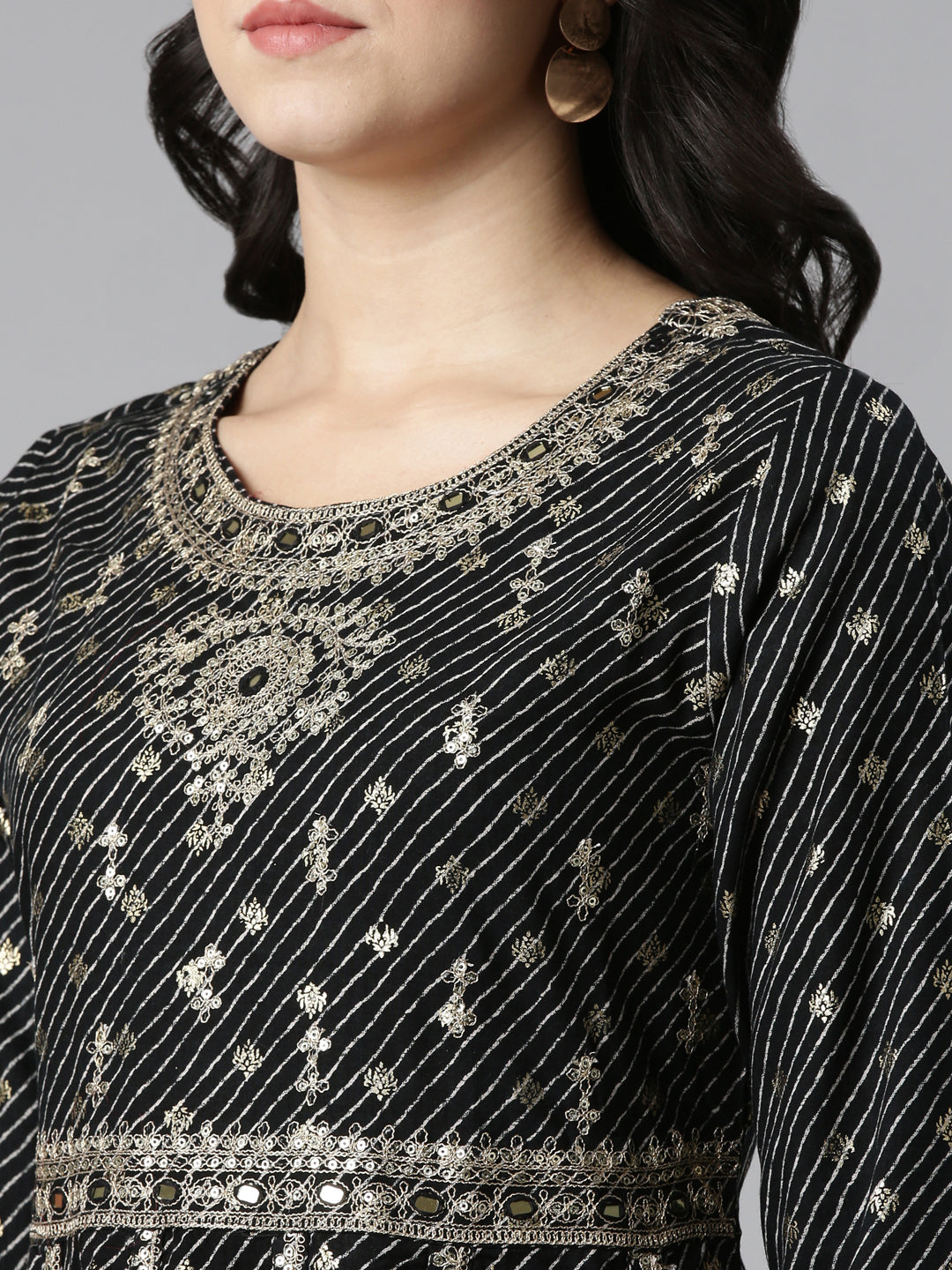 Neerus Black embroidered straight kurta set - detail view 1