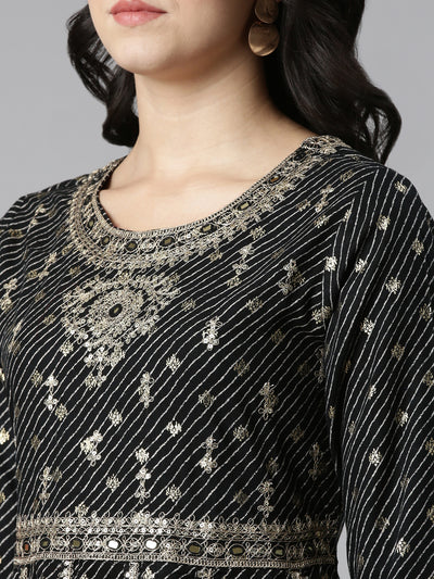 Neerus Black Pleated Straight Embroidered Kurta And Trousers With Dupatta