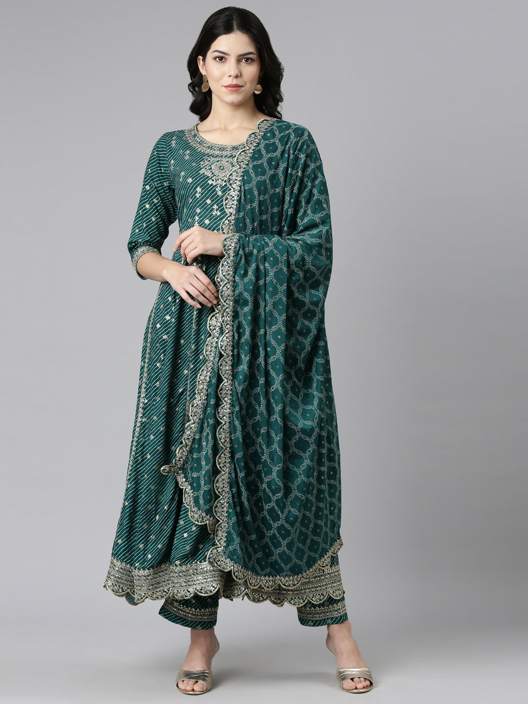 Neeru's Green Pleated Straight Embroidered Readymade suits