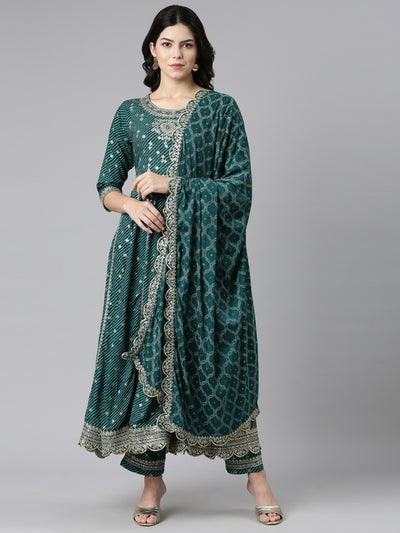 Neeru's Green Pleated Straight Embroidered Readymade suits