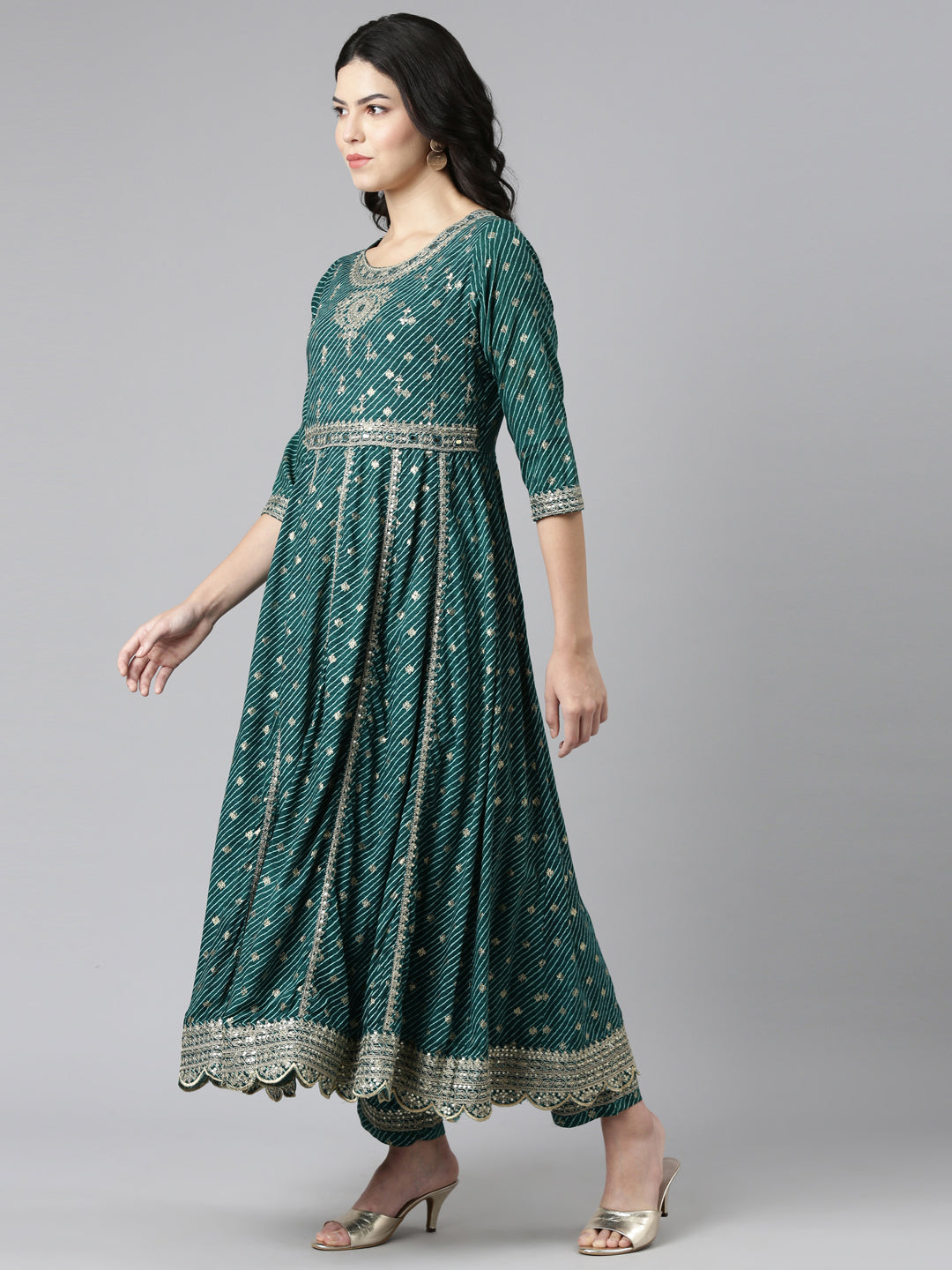 Neeru's Green Pleated Straight Embroidered Readymade suits