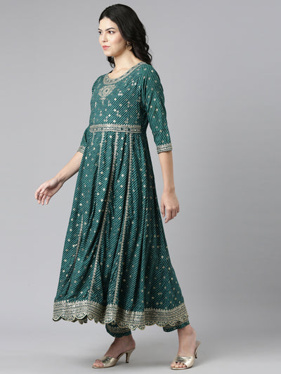 Neeru's Green Pleated Straight Embroidered Readymade suits