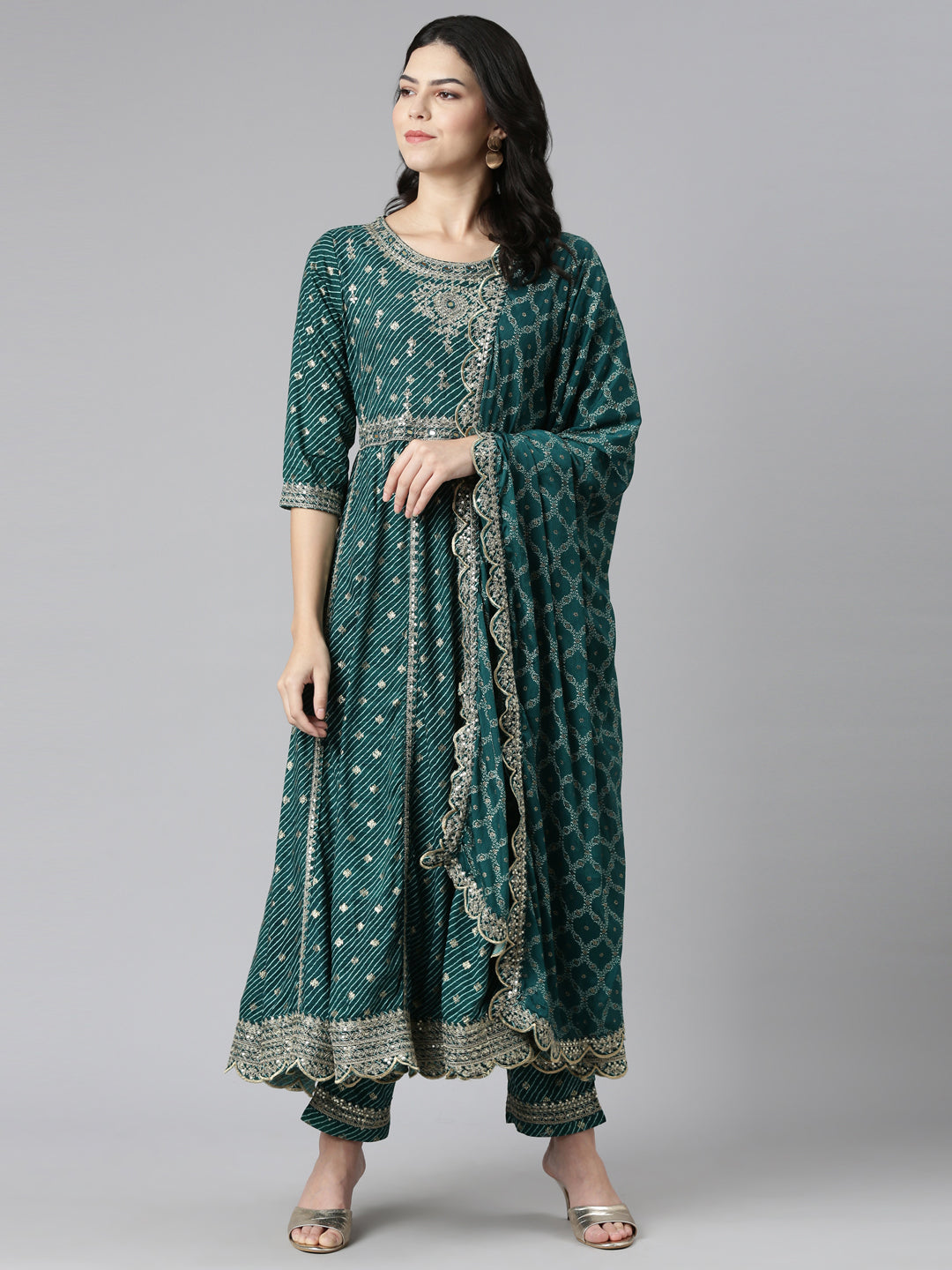 Neeru's Green Pleated Straight Embroidered Readymade suits