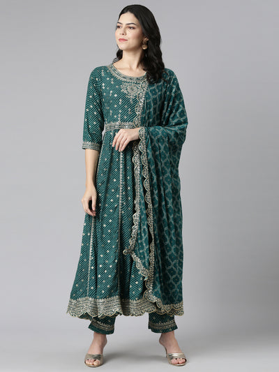 Neeru's Green Pleated Straight Embroidered Readymade suits