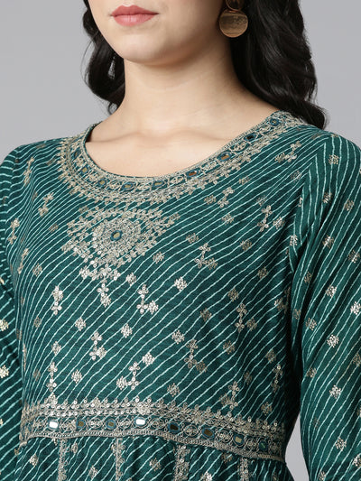 Neeru's Green Pleated Straight Embroidered Readymade suits