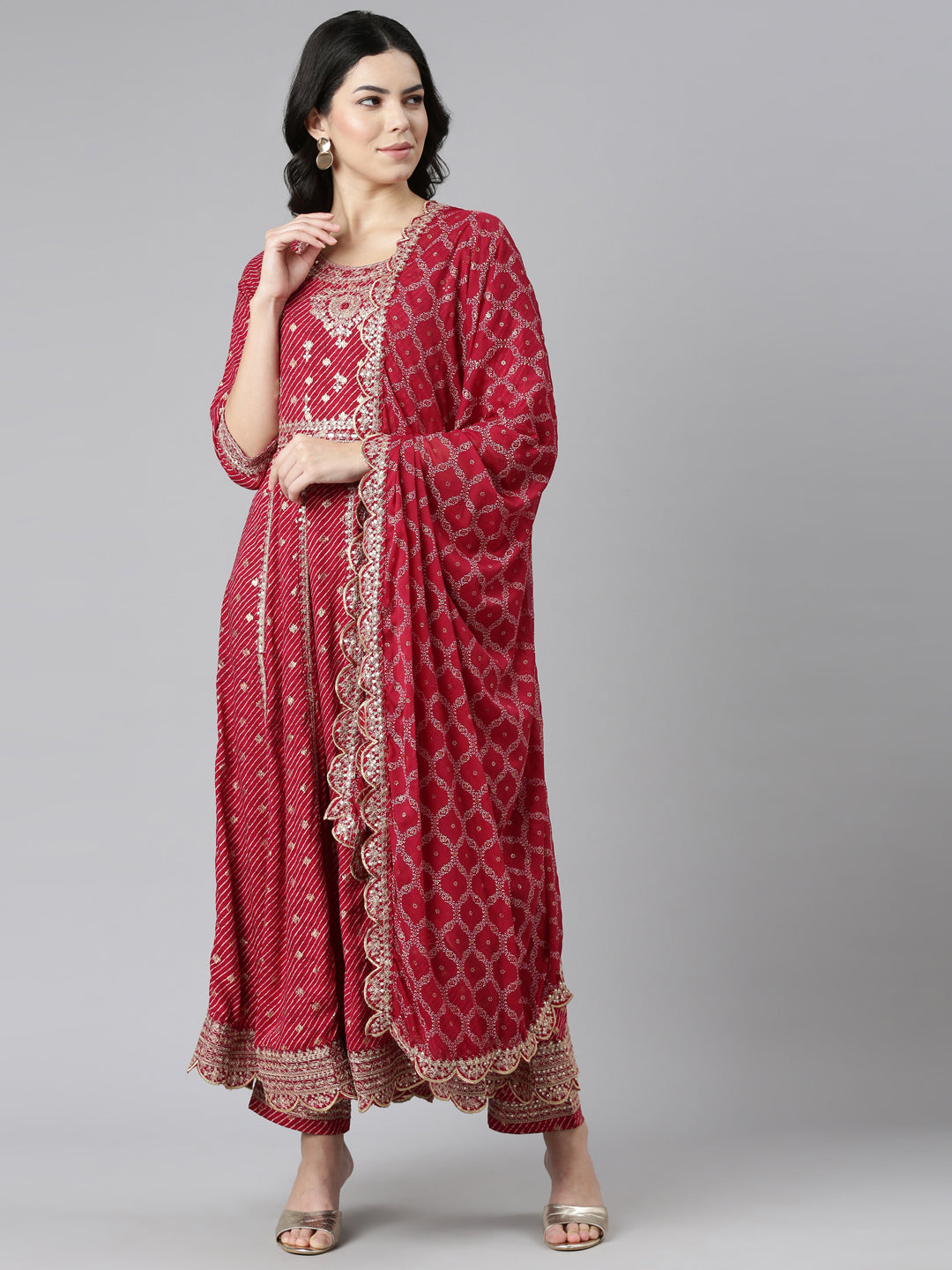 Neerus Pink embroidered straight kurta set with trousers and dupatta - front view
