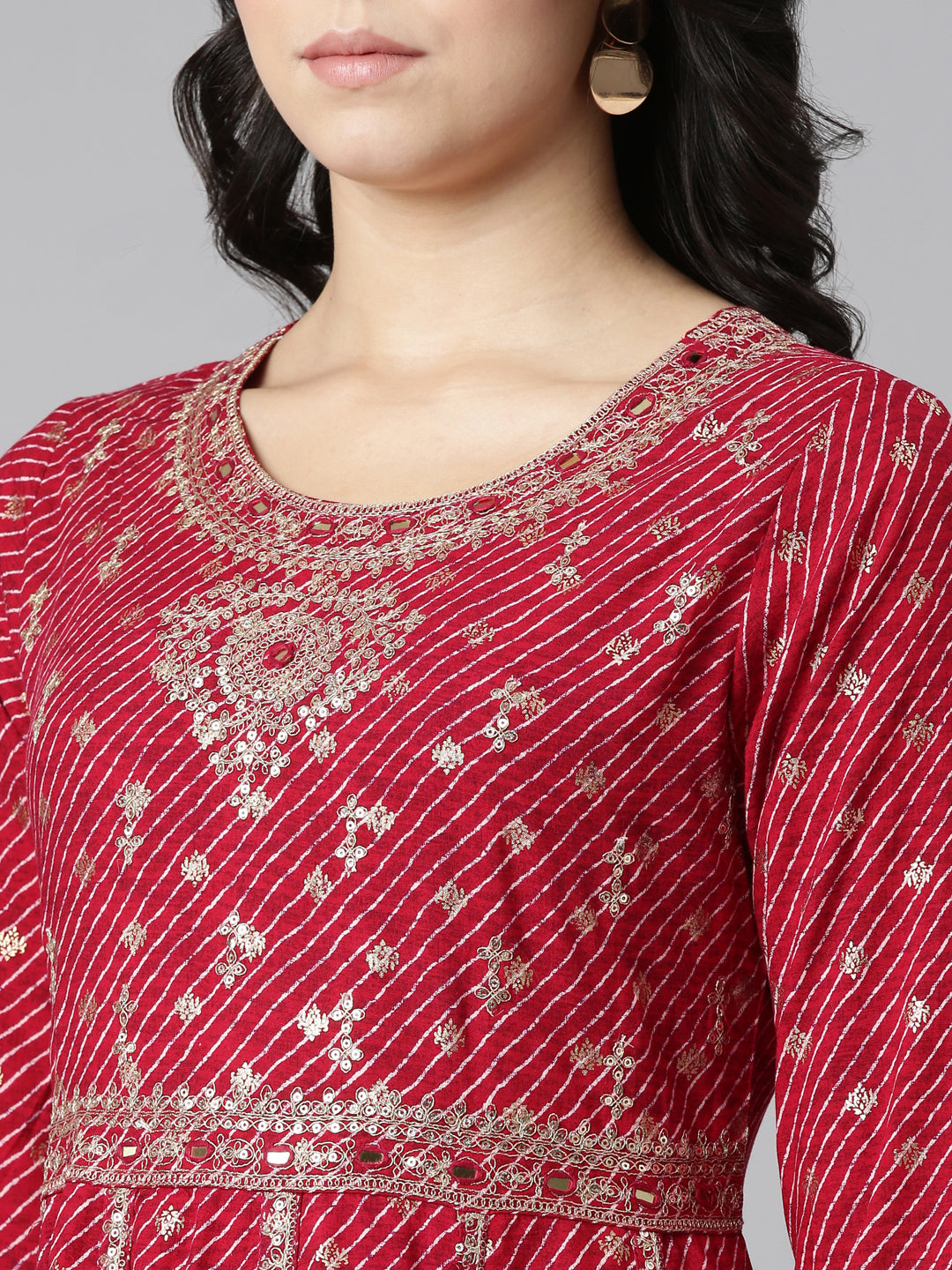 Neerus Pink embroidered straight kurta set with trousers and dupatta - detail view 1