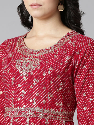 Neerus Pink Pleated Straight Embroidered Kurta And Trousers With Dupatta
