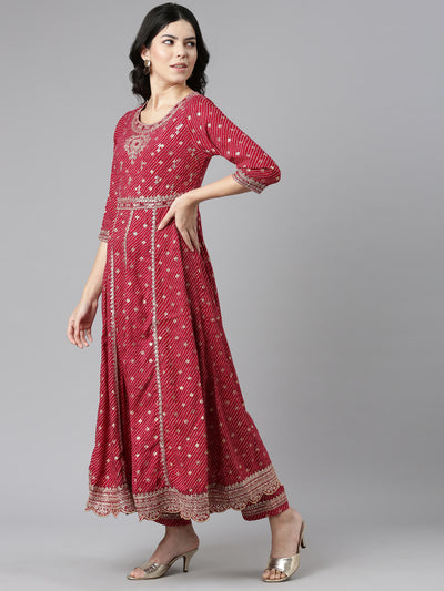 Neerus Pink Pleated Straight Embroidered Kurta And Trousers With Dupatta