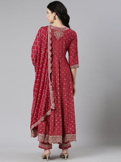 Neerus Pink Pleated Straight Embroidered Kurta And Trousers With Dupatta
