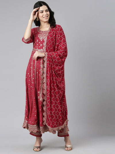 Neerus Pink Pleated Straight Embroidered Kurta And Trousers With Dupatta