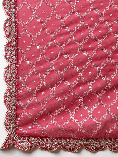 Neerus Pink Pleated Straight Embroidered Kurta And Trousers With Dupatta