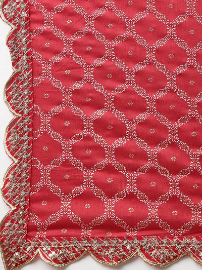 Neerus Red Pleated Straight Embroidered Kurta And Trousers With Dupatta