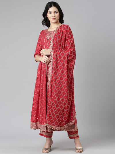 Neerus Red Pleated Straight Embroidered Kurta And Trousers With Dupatta