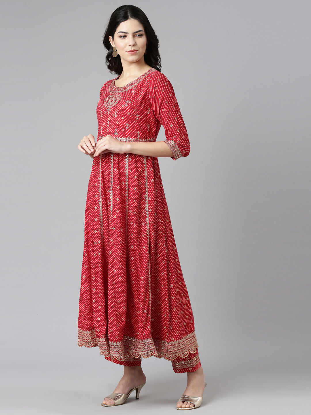 Neerus Red Pleated Straight Embroidered Kurta And Trousers With Dupatta