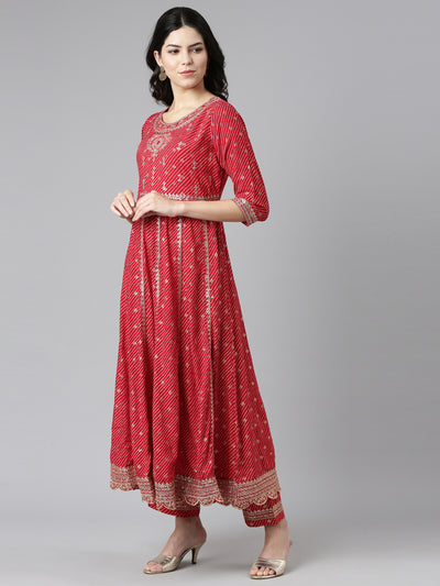 Neerus Red Pleated Straight Embroidered Kurta And Trousers With Dupatta