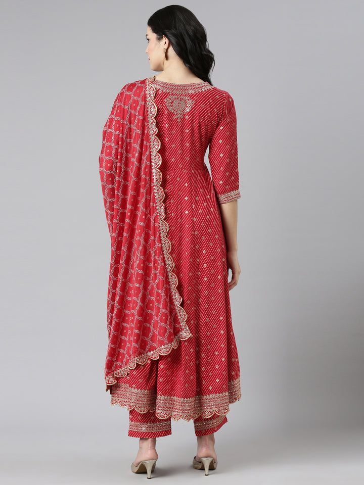 Neerus Red embroidered straight kurta set with trouser and dupatta - side view