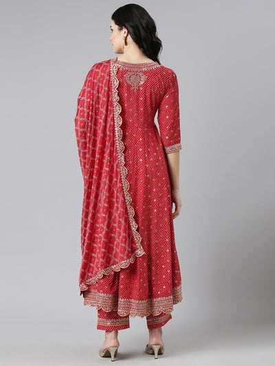 Neerus Red Pleated Straight Embroidered Kurta And Trousers With Dupatta