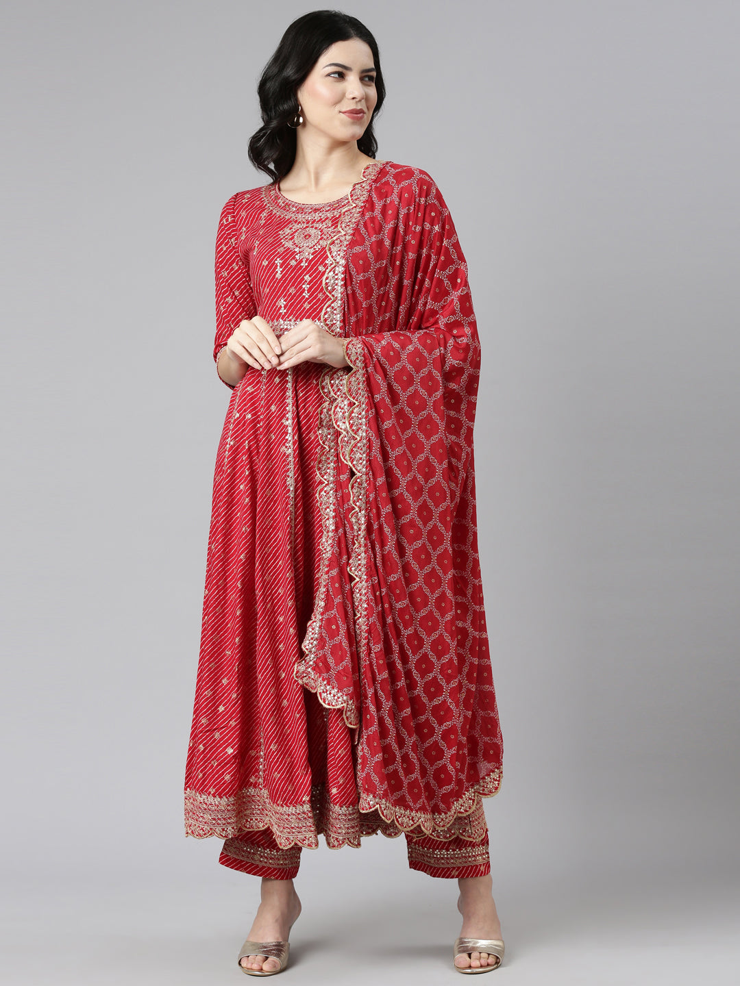 Neerus Red Pleated Straight Embroidered Kurta And Trousers With Dupatta