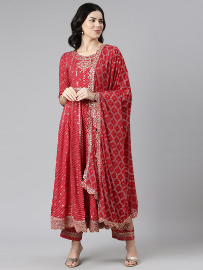 Neerus Red Pleated Straight Embroidered Kurta And Trousers With Dupatta