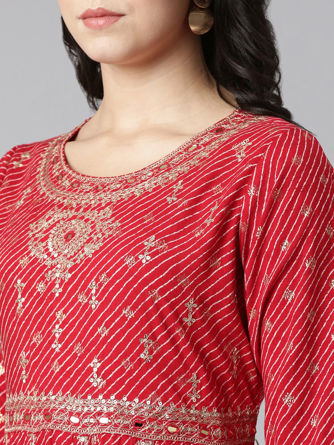 Neerus Red embroidered straight kurta set with trouser and dupatta - detail view 1