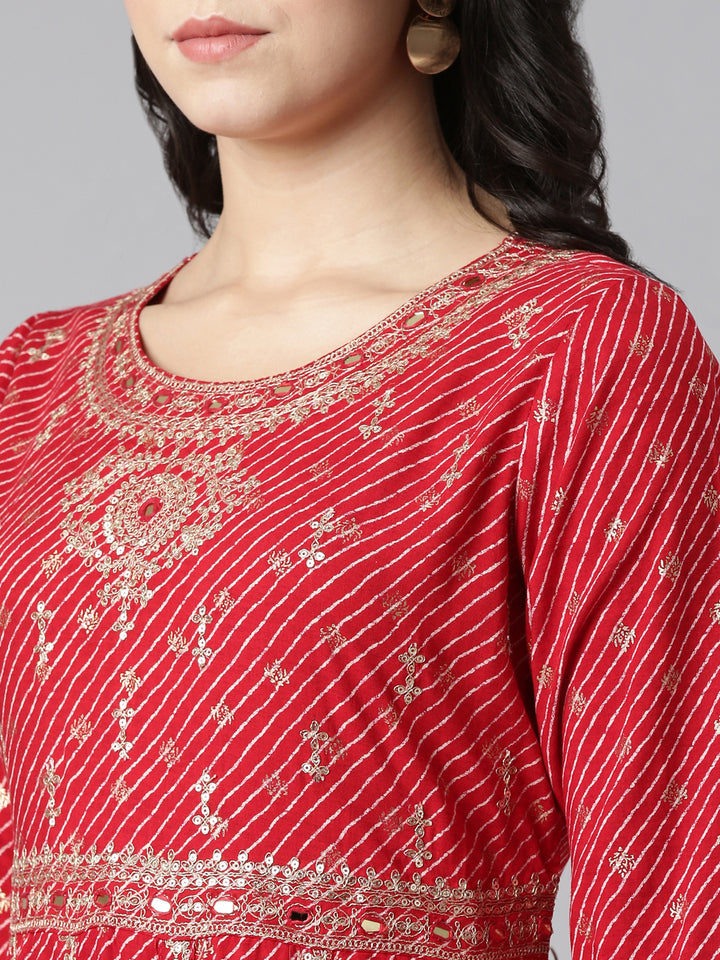 Neerus Red embroidered straight kurta set with trouser and dupatta - detail view 1