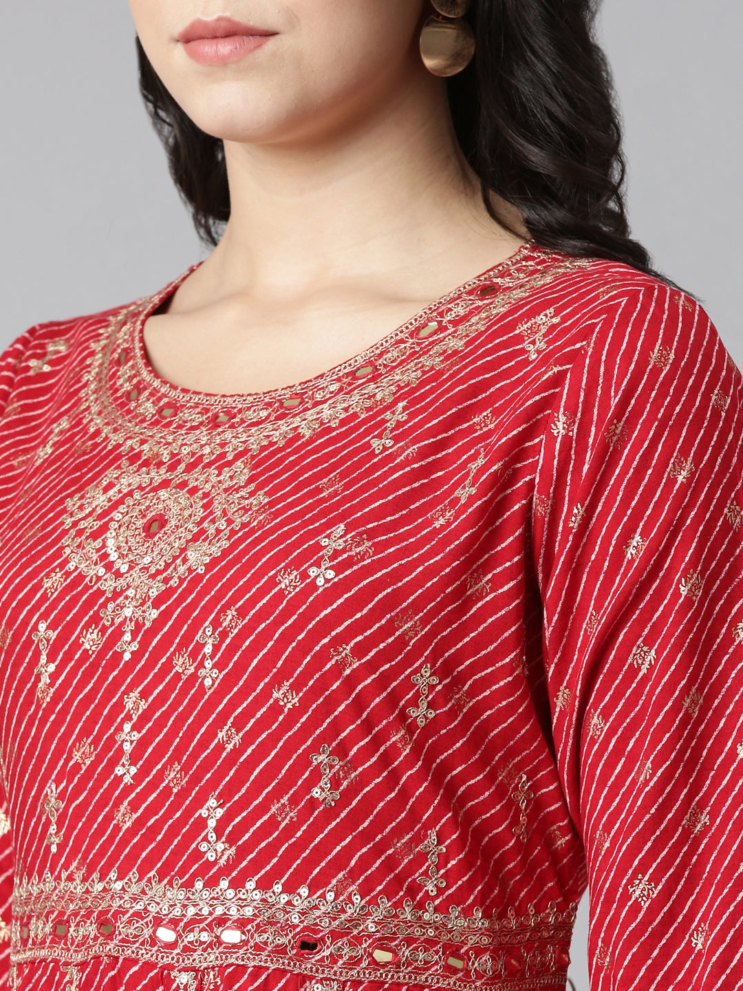 Neerus Red Pleated Straight Embroidered Kurta And Trousers With Dupatta