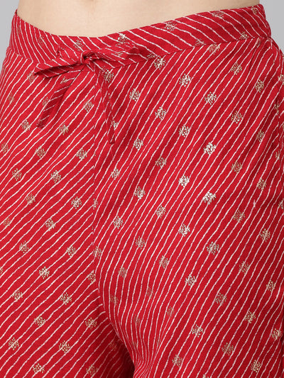 Neerus Red Pleated Straight Embroidered Kurta And Trousers With Dupatta