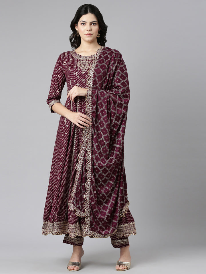 Neerus Purple embroidered straight kurta set with dupatta - front view