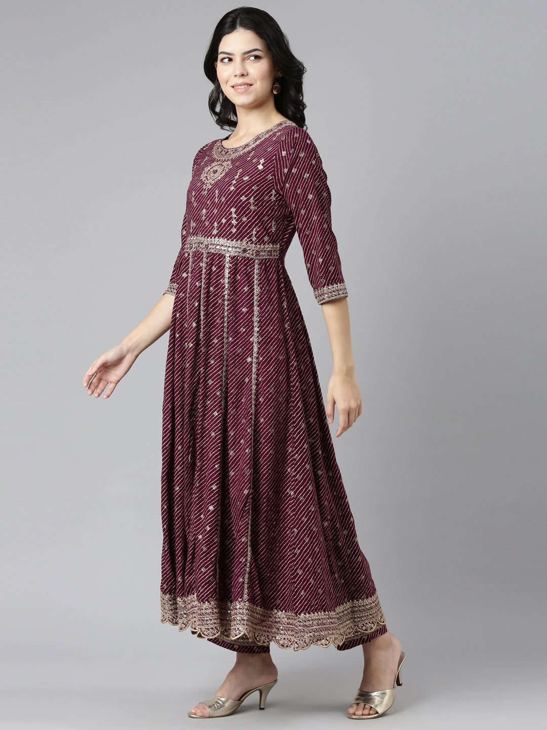 Neerus Purple embroidered straight kurta set with dupatta - back view