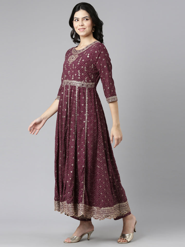 Neerus Purple embroidered straight kurta set with dupatta - back view