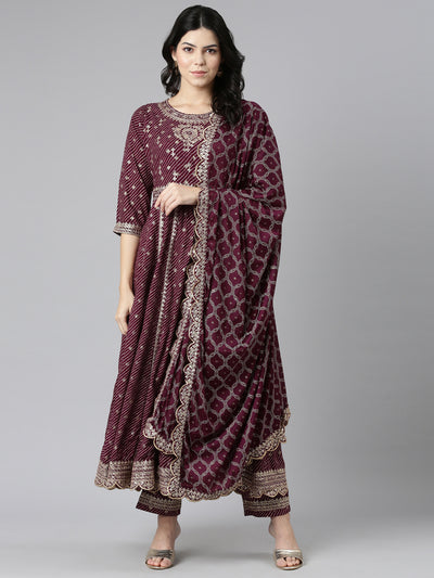 Neeru's Purple Pleated Straight Embroidered Kurta And Trousers With Dupatta