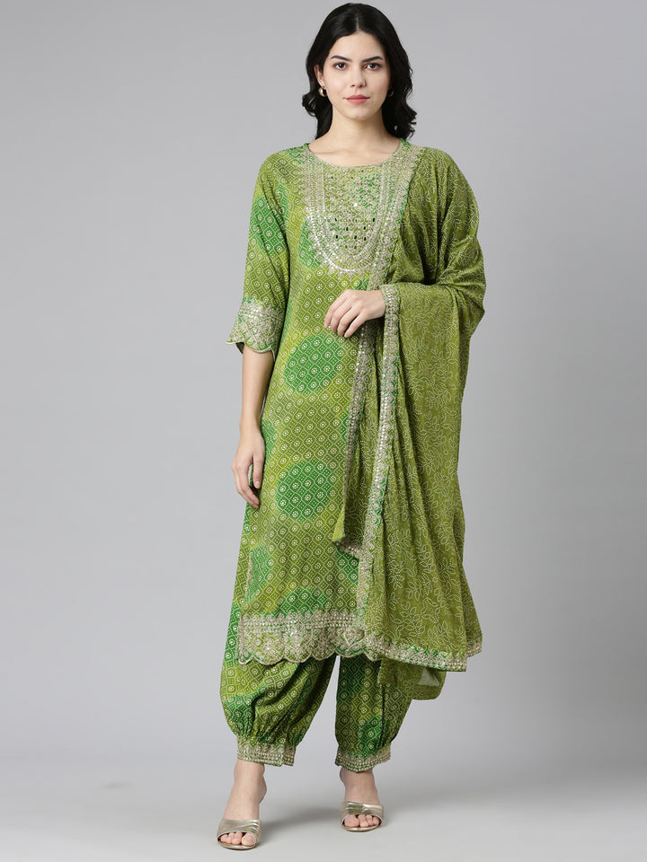 Neerus Green printed straight kurta set with salwar and dupatta - front view