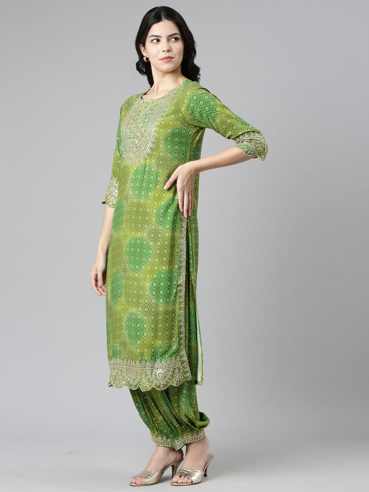Neerus Green printed straight kurta set with salwar and dupatta - back view