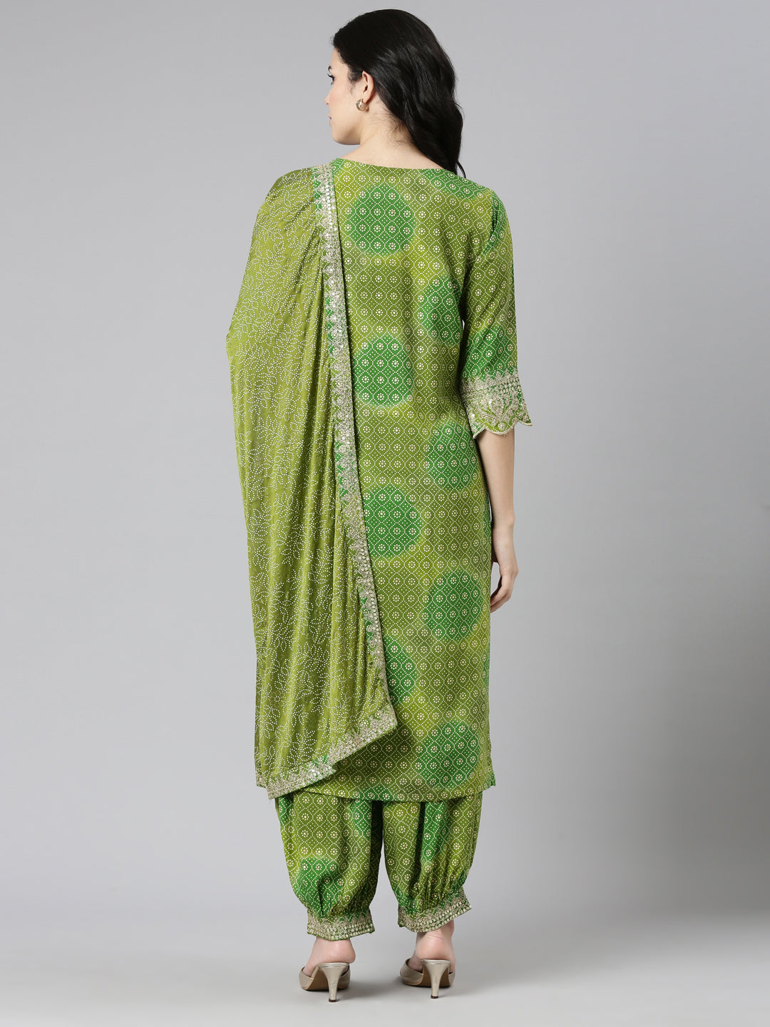 Neerus Green printed straight kurta set with salwar and dupatta - side view