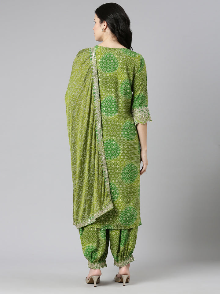 Neerus Green printed straight kurta set with salwar and dupatta - side view
