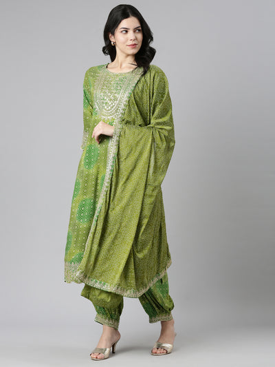 Neerus Green Regular Straight Printed Kurta And Salwar With Dupatta