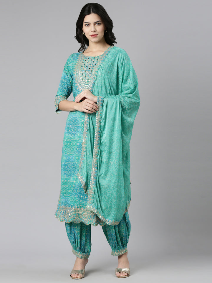 Neerus Green printed straight kurta set with dupatta - front view