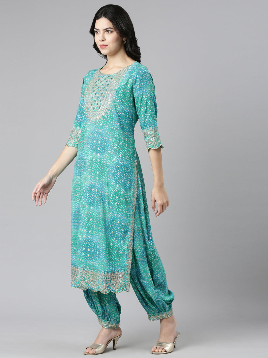 Neerus Green printed straight kurta set with dupatta - back view
