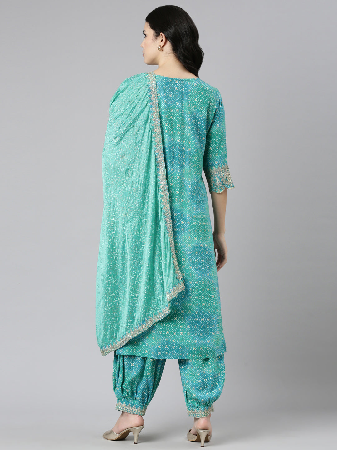 Neerus Green printed straight kurta set with dupatta - side view