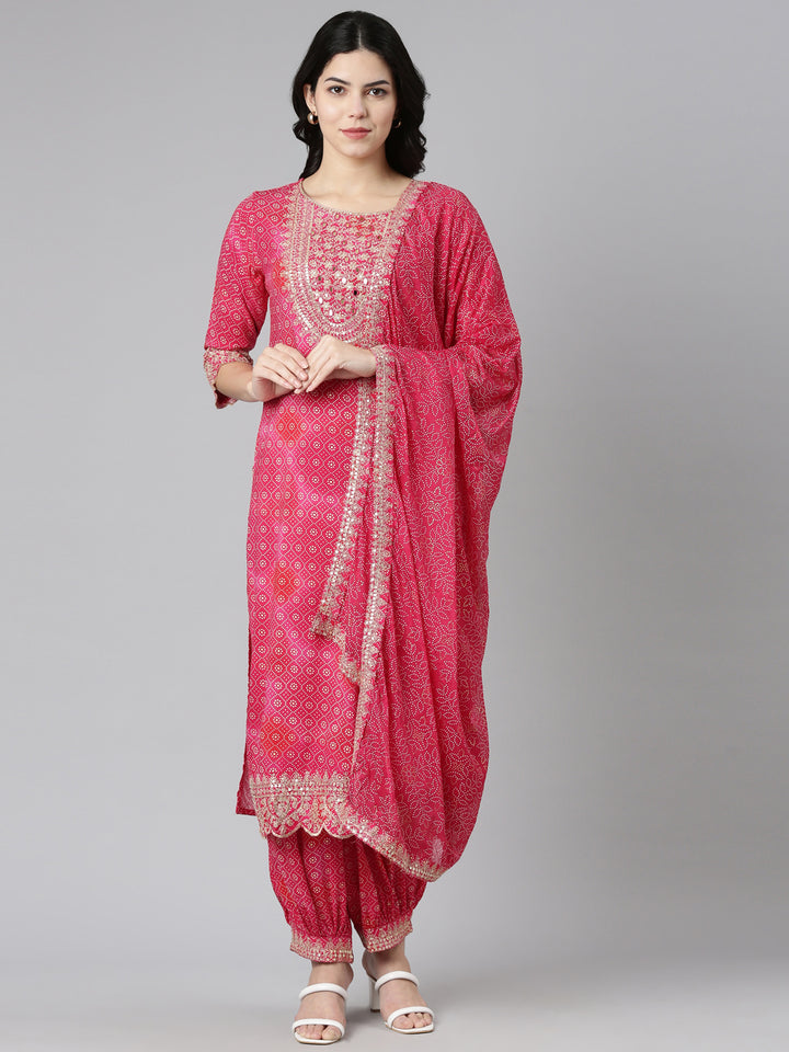 Neerus Pink printed straight kurta set with dupatta - front view