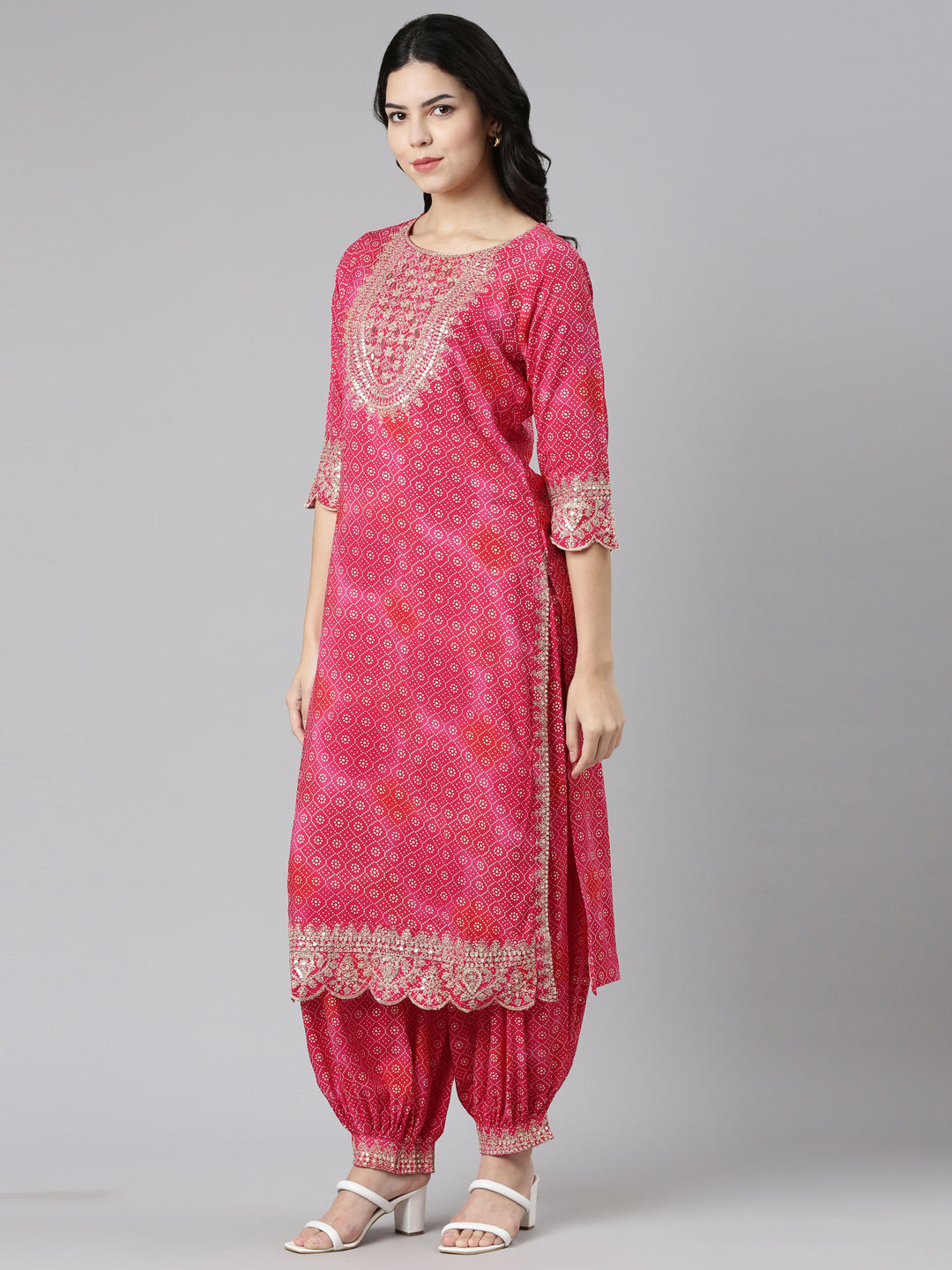 Neerus Pink printed straight kurta set with dupatta - back view