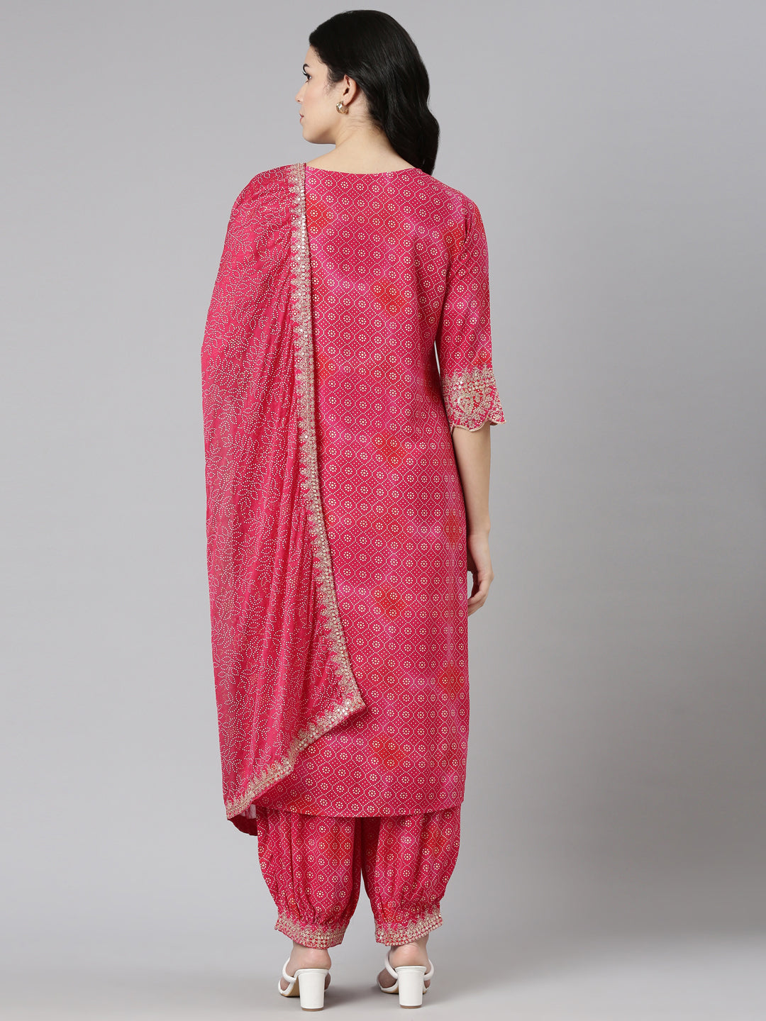 Neerus Pink printed straight kurta set with dupatta - side view