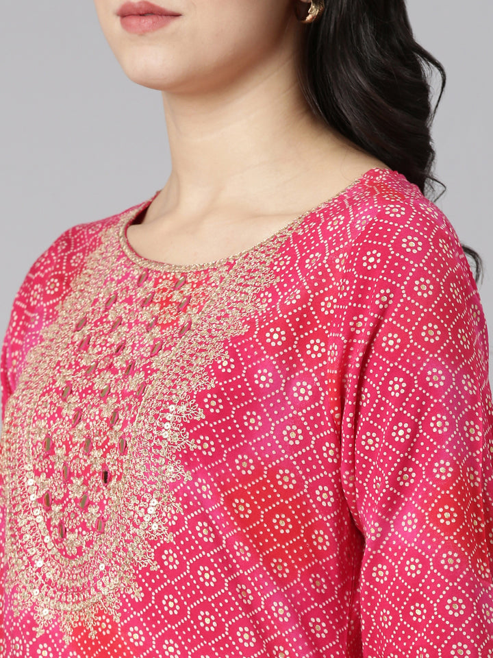 Neerus Pink printed straight kurta set with dupatta - detail view 1