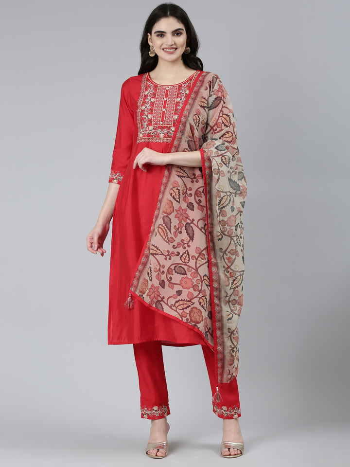 Neerus Red straight solid kurta set with trouser and dupatta - front view
