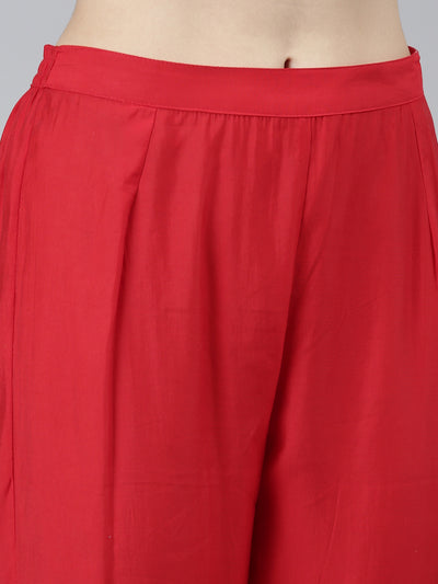 Neerus Red Regular Straight Solid Kurta Sets And Trousers With Dupatta
