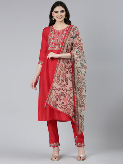 Neerus Red Regular Straight Solid Kurta Sets And Trousers With Dupatta