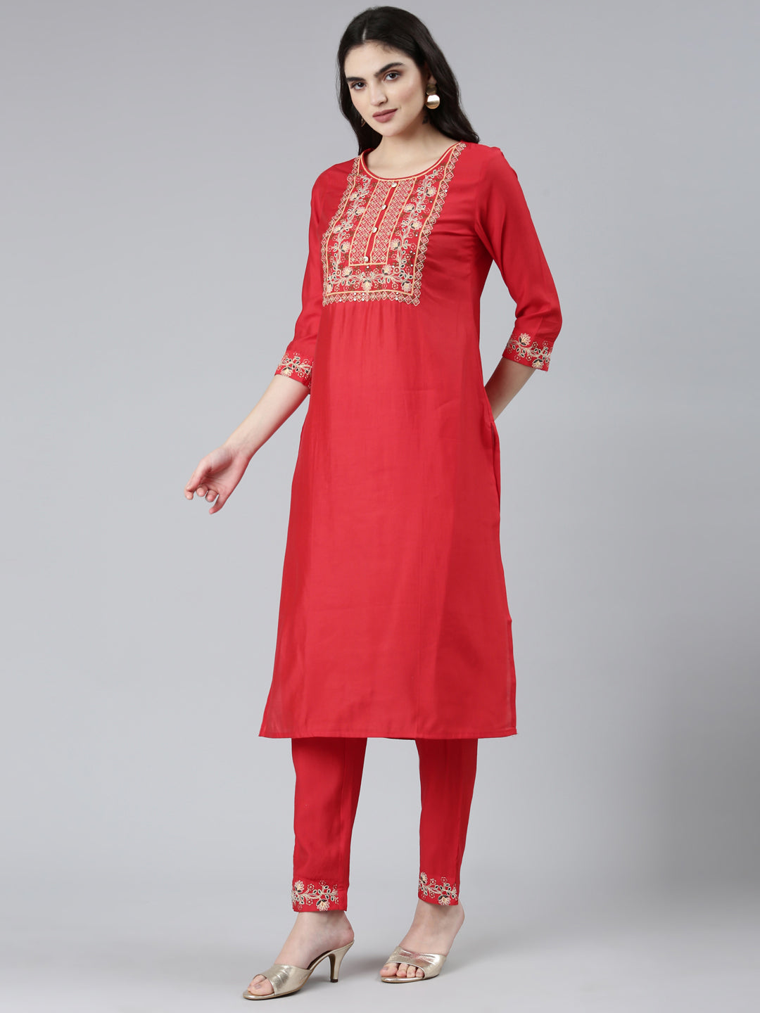 Neerus Red straight solid kurta set with trouser and dupatta - back view