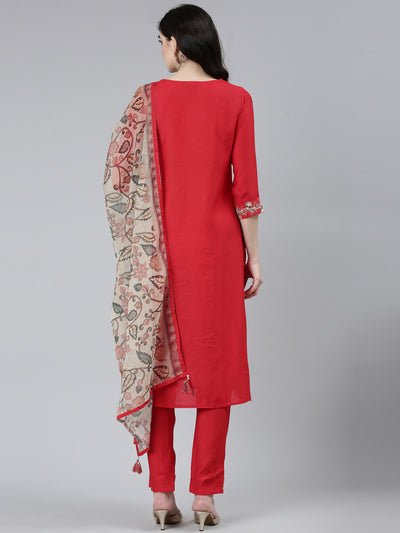 Neerus Red Regular Straight Solid Kurta Sets And Trousers With Dupatta