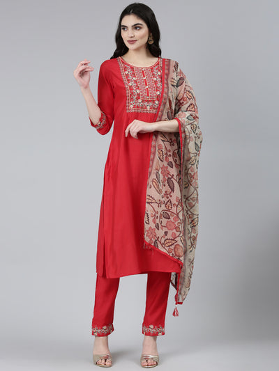 Neeru's Red Regular Straight Solid Kurta Sets And Trousers With Dupatta